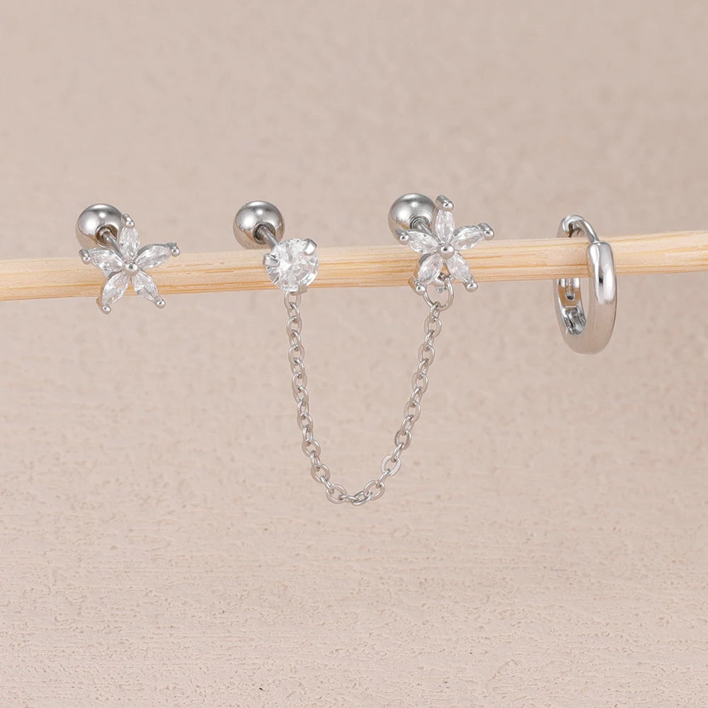 3PCS Stainless Steel Zircon Flower Star Ear Stud Earrings Set 14K Gold Plated Chain Cartilage Piercing Earring Women's Jewelry