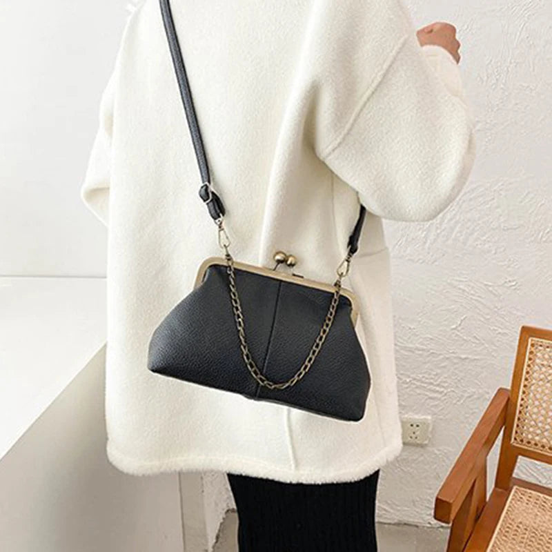 Vintage Soft Skin Shell Bag New Lychee Pattern Handbag Simple And Versatile Shoulder Bag Clip Chain Crossbody Women's Bag