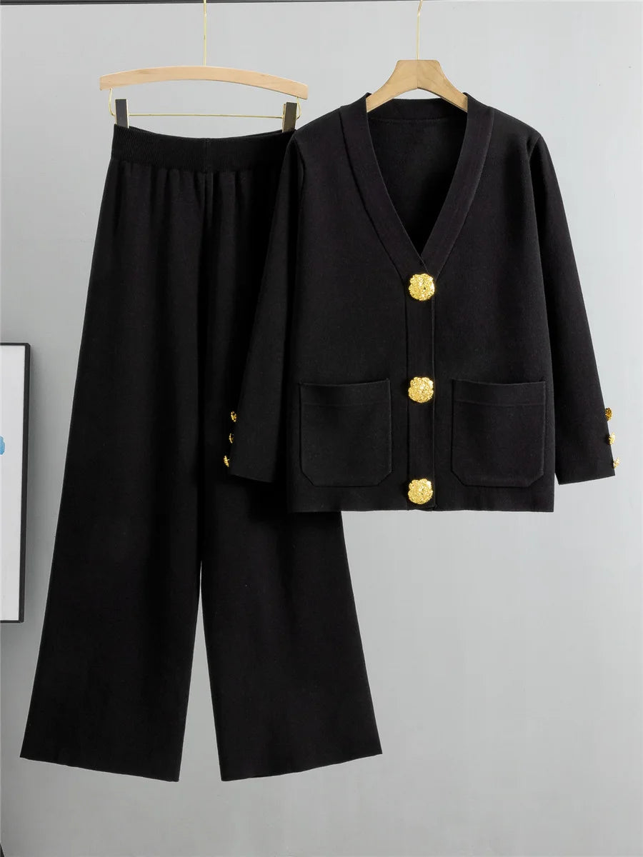 Women Elegant Knitted 2 Piece Sets Korean Knit Single Breasted Sweater Cardigan Tops Conjuntos High Waist Wide Leg Pants Outfit