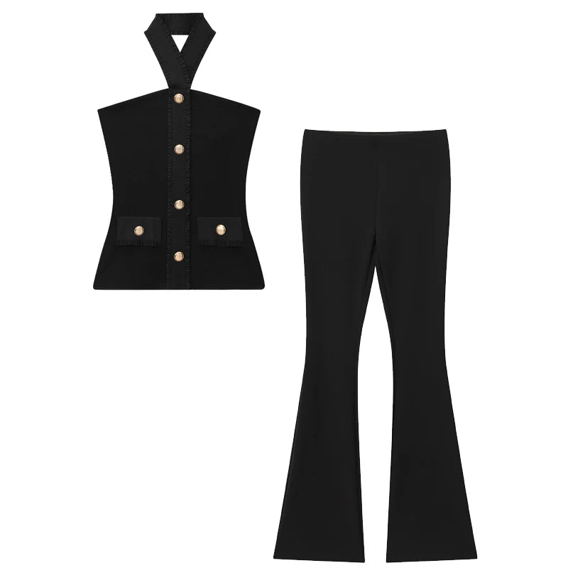 HXAO Black Flared Pant Sets Women's Two Pieces Set Button Halter Corset Top 2 Pieces Set Outfit High Waist Elastic Trousers Sets