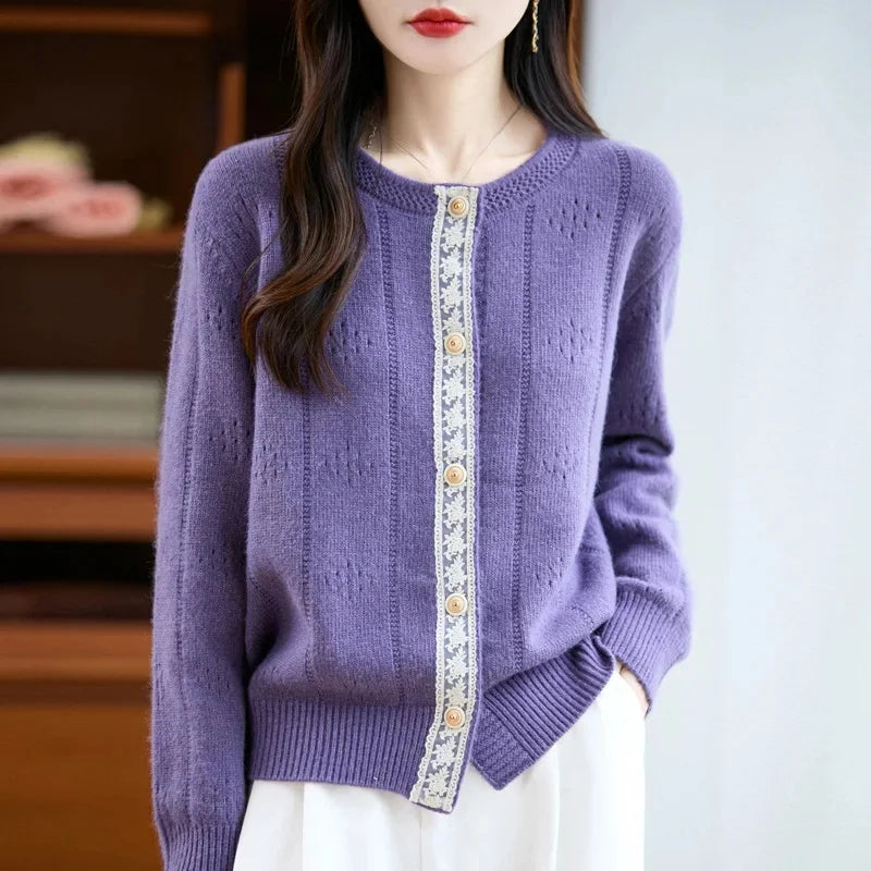Slimming Soft Lace Splice Knitted Base Shirt French Design Sensation Knitted Open Cardigan Fashionable Anti-Aging Outerwear