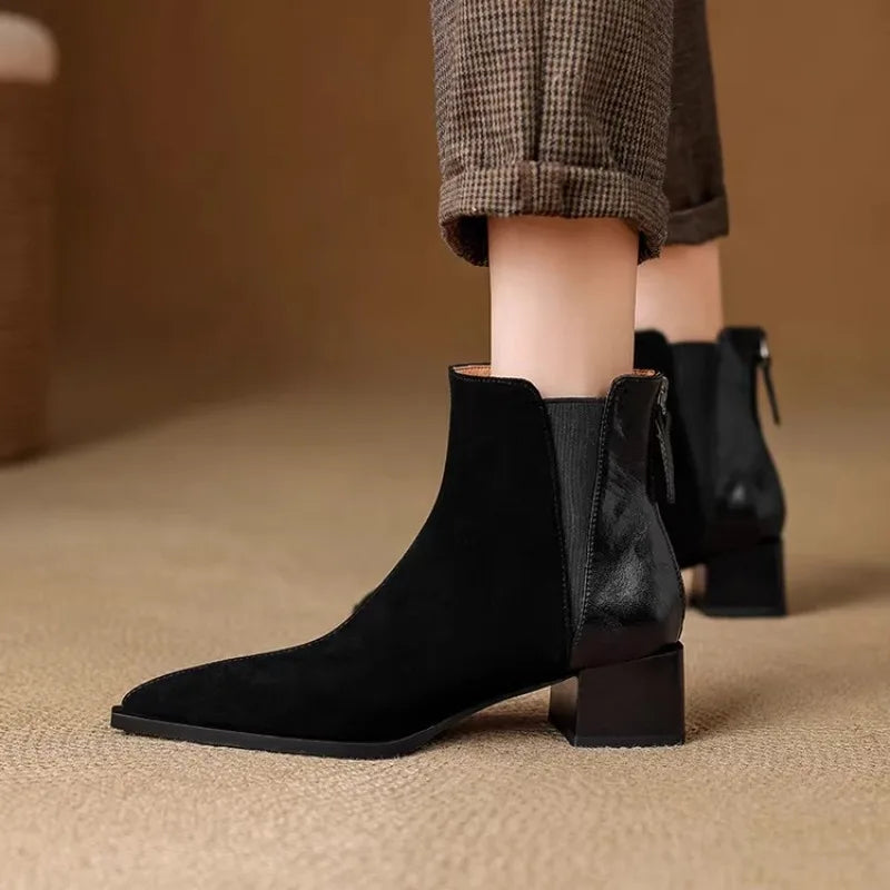 Autumn Winter Women Thick Heel Ankle Boots Elegant Back Zippers Shoes Modern Leather Suede Splicing Short Botas Para Mujer