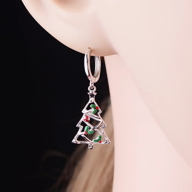 New 925 Sterling Silver Ear Needle Christmas tree/snowflake pendant Hoop Earrings For Women fashion Christmas gifts accessories
