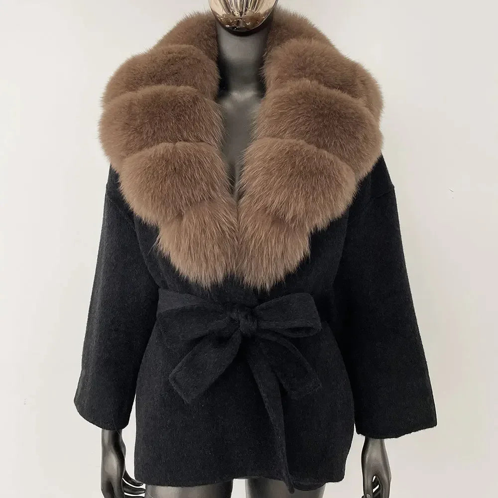 OFTBUY Real Raccoon Fox Fur Coat 2024 New Belt Pocket Winter Blends Wool Coat Women Loose Outerwear Fur Jacket Casual Streetwear