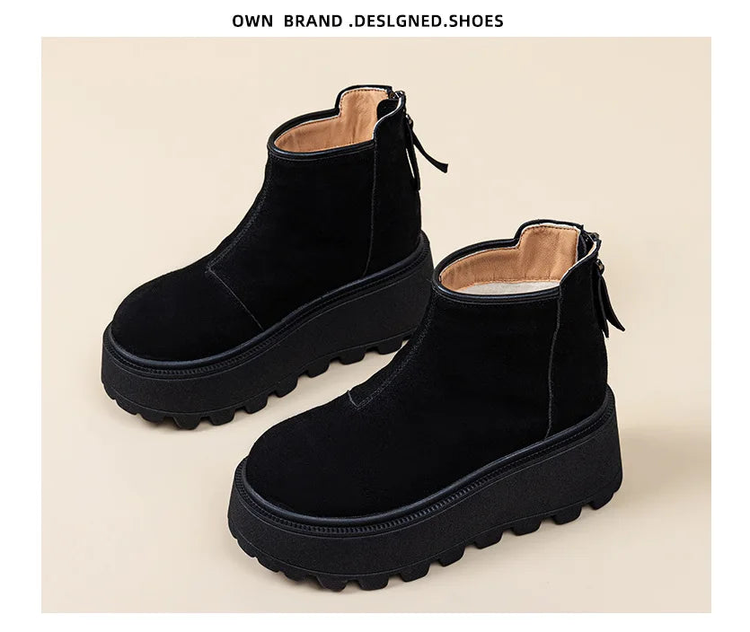 Fujin 7cm Suede Cow Genuine Leather Snow Boots Women Ankle Booties Platform Wedge Winter Plush Chelsea Boots Shoes for Women