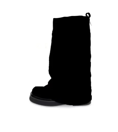 Women's New Autumn and Winter Calf Boots with Pleated Thick High Heels and Fashionable Oversized Street Leather Mid Leg Boots