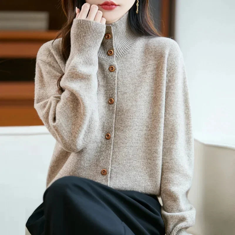 Pure Wool Thickened Knitted High Collar Sweater Coat for Women Winter Season Button up Cardigan Outerwear Floral Pattern