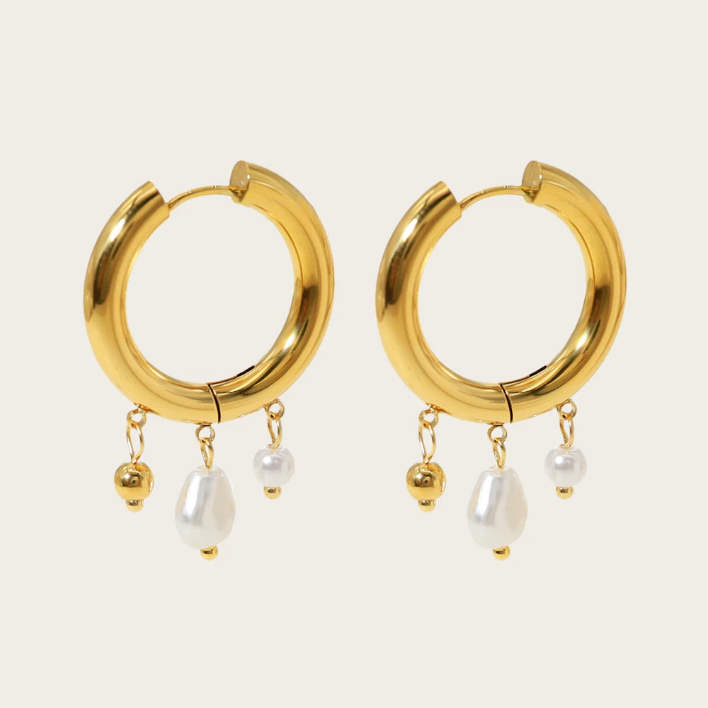 YACHAN Baroque Pearl Stainless Steel Hoop Earrings for Women Exquisite Chic Huggie Earring 18K Gold Plated Jewelry