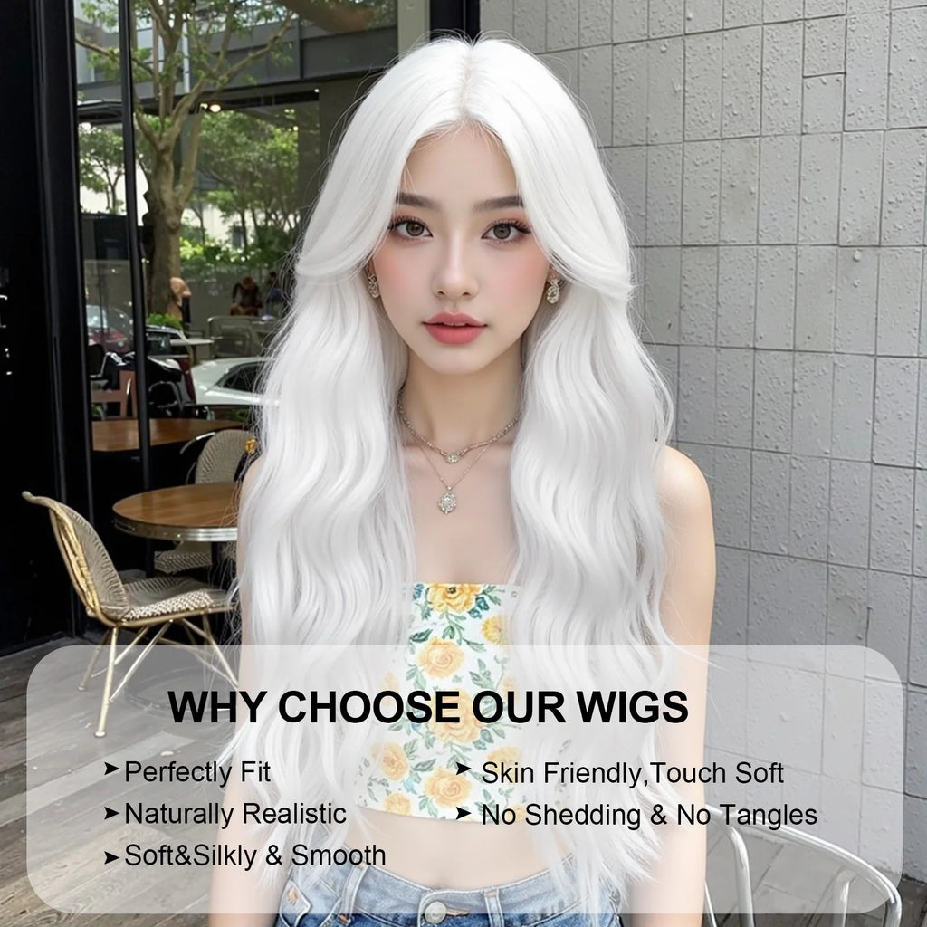 Super Long Curly Silver White Synthetic Wig Medium Part Water Wave Wigs For Women Daily Cosplay Halloween Colorfull Fake Hair