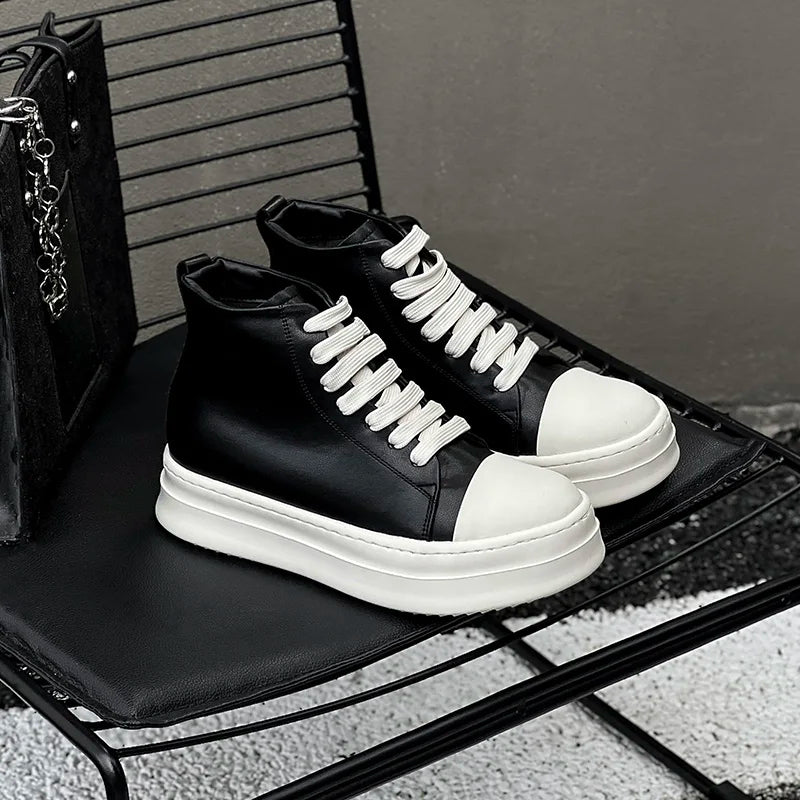 Street Style Ankle Boots for Men Genuine Leather High Top Shoes Fashion Brand Motorcycle Boots Thick Bottom  Male Walking Shoes