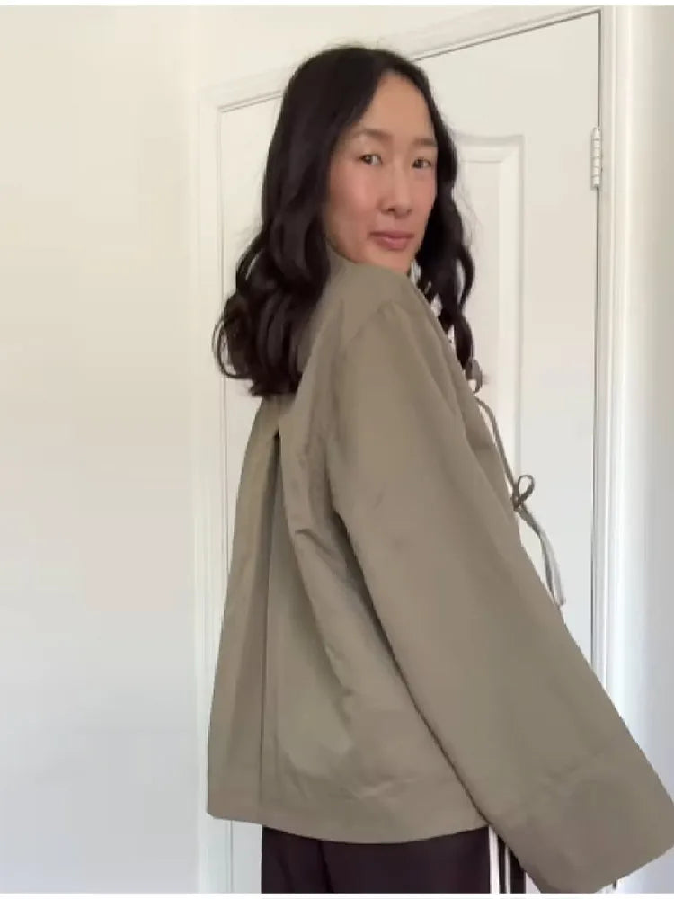 Stylish Cool Jackets Bow Tie Loose Lapel Pocket Coat Casual Vintage Women's Chic Versatile Outerwears Autumn Female Clothing