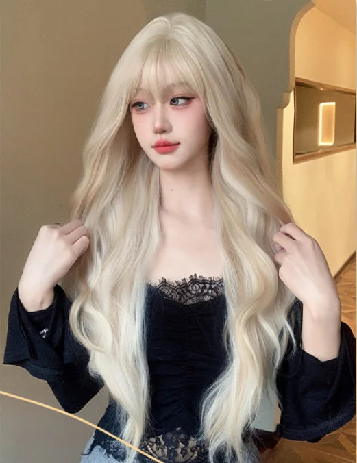 Platinum 613 Blonde Wig Long Wavy Synthetic Wig with Bangs Curly Mixed Golden for Women Cosplay Party Daily Use Heat Resistant