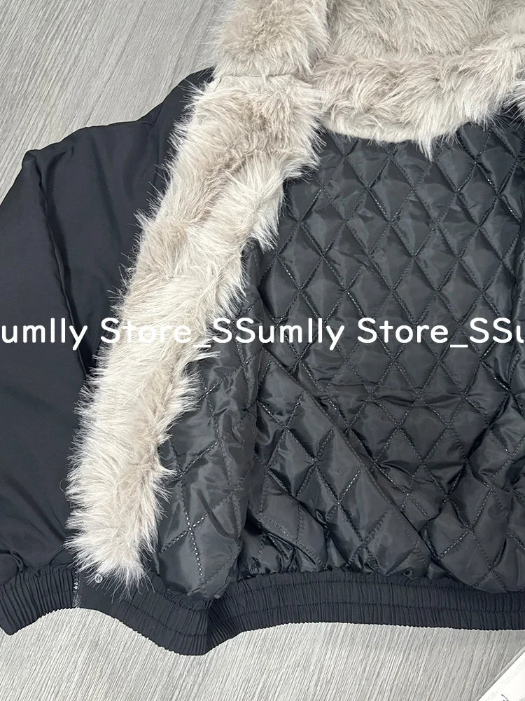 Winter New Elegant Liner Fur Loose Coat Women Y2k Fur Collar Hood Thick Fashion Parkas Casual Outerwear Cotton Padded Jackets