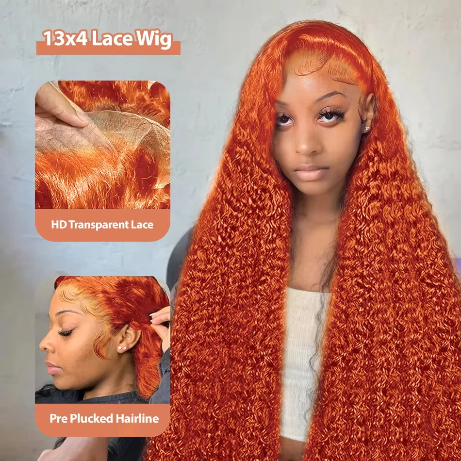 Orange colored Water wave 13x6 hd lace frontal human hair wig Preplucked deep wave 30 inch ginger lace front curly wigs on sale