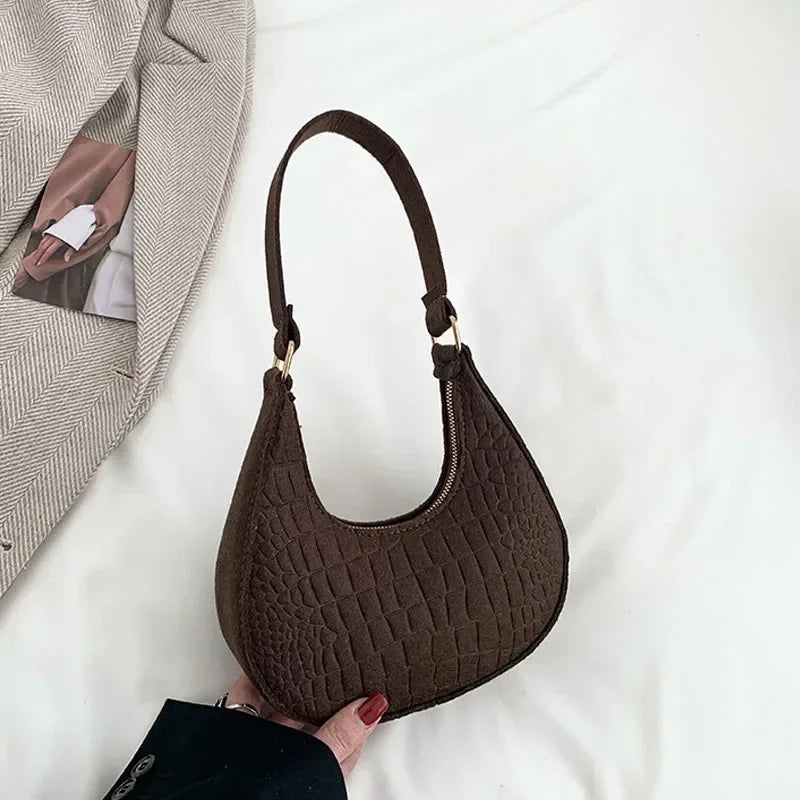 Women Bags Shoulder Retro Leisure Handbag Pure Felt Fashion Underarm Bag Crescent Saddle Bag for Ladies Advanced Armpit Bag 2025