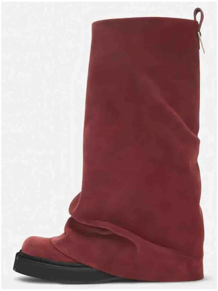 Women's New Autumn and Winter Calf Boots with Pleated Thick High Heels and Fashionable Oversized Street Leather Mid Leg Boots