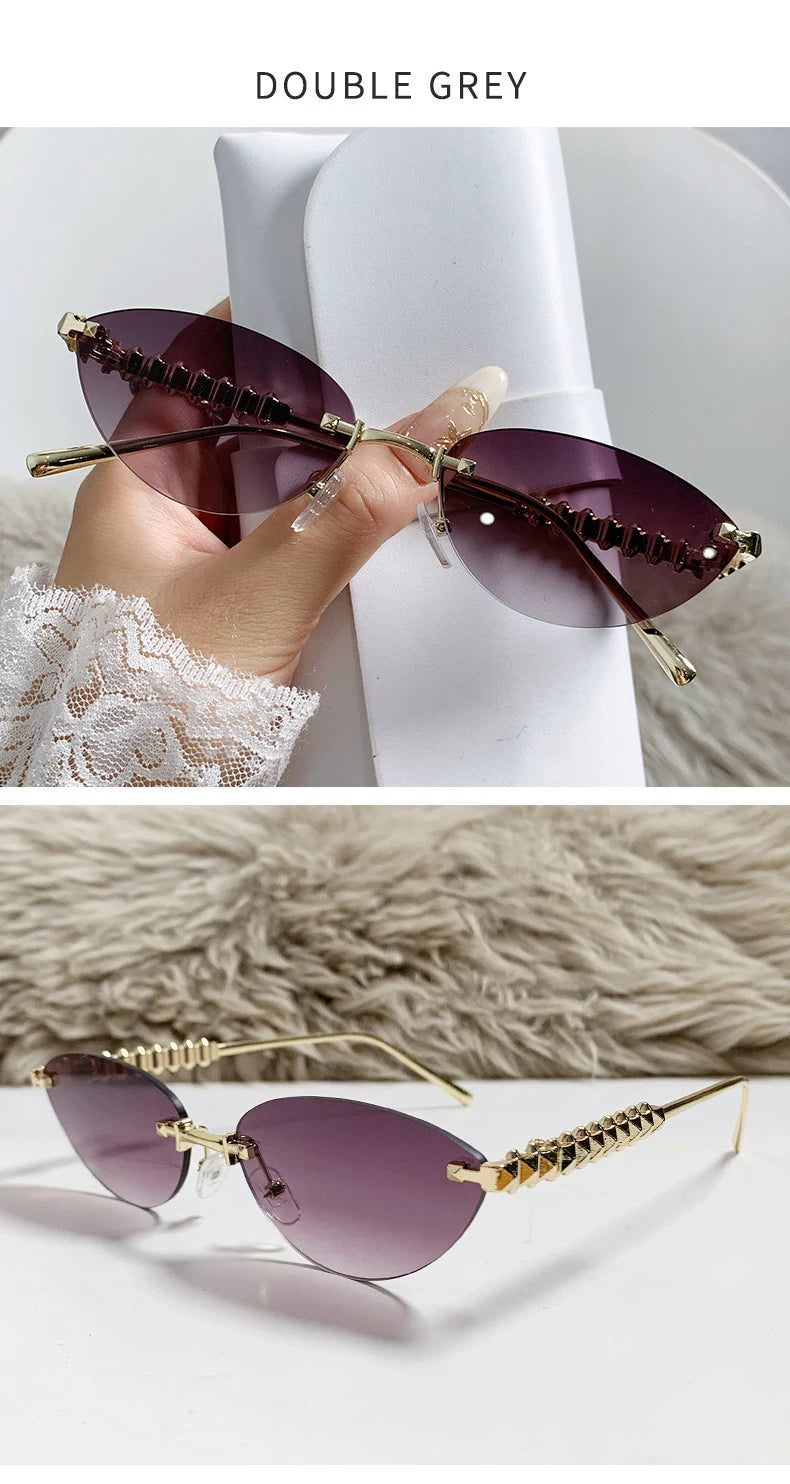 New Cat Eye Rivet Rimless Sunglasses Women Luxury Fashion Brand Oval Narrow Sun Glasses Shades Trendy Elegant Unique Eyewear