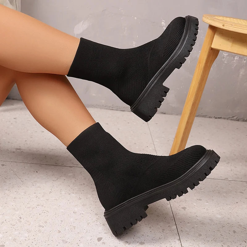 Bright Green Knitted Ankle Boots for Women 2025 Autumn Winter Non Slip Platform Booties Woman Casual Short Botas Shoes Mujer 42