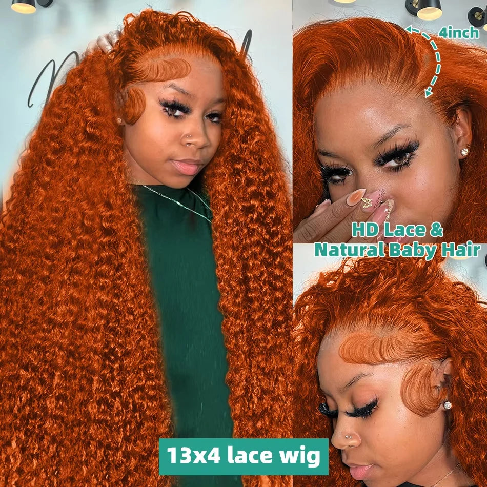 Orange colored Water wave 13x6 hd lace frontal human hair wig Preplucked deep wave 30 inch ginger lace front curly wigs on sale