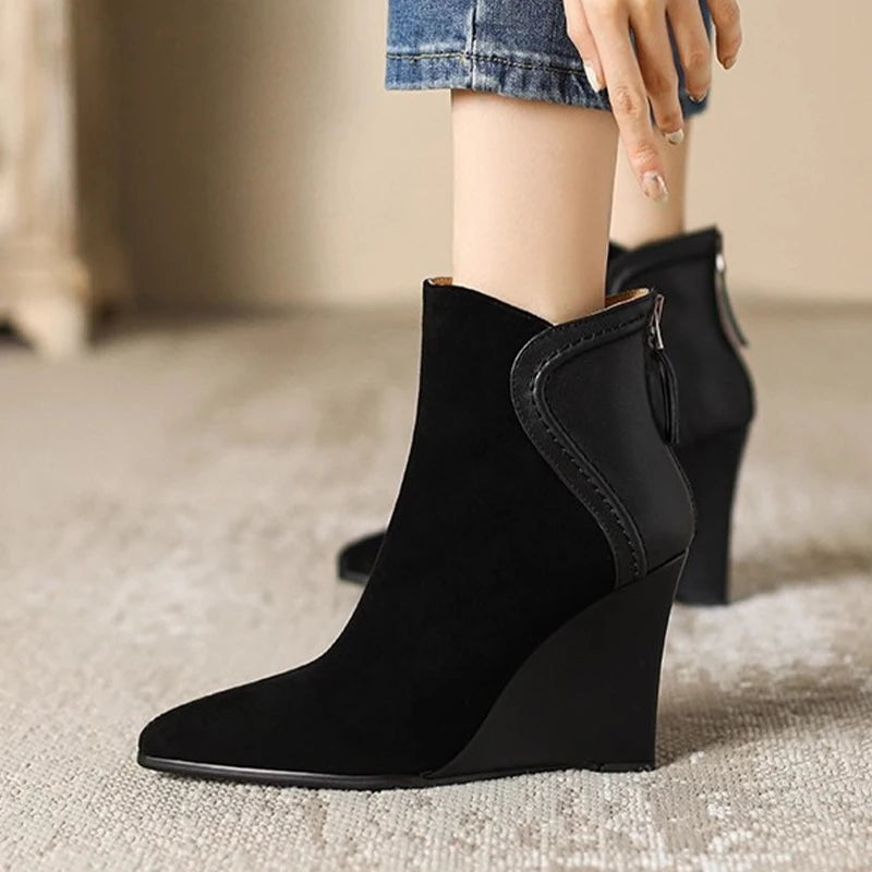 Wedges Women's Ankle Boots Pointed Toe Fashion Shoes Designer Suede Winter Boots 2025 High Heels Dress Luxury Botas Para Mujer