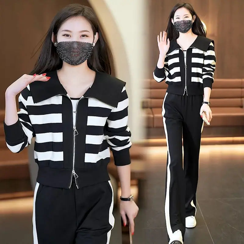 Women Clothing Pant Sets Striped Zipper Loose Tops & Comfortable Casual Pants Office Lady Fashion Commute Vintage Two-piece Set