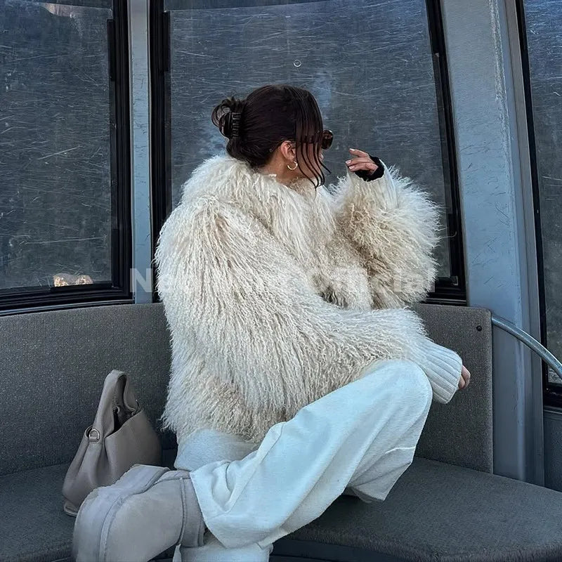 Neo Mint Iconic Blogger Fashion Faux Mongolia Sheep Fur Coat Women 2025 Winter Fluffy Warm Fur Jacket Chic Street Girl Outerwear