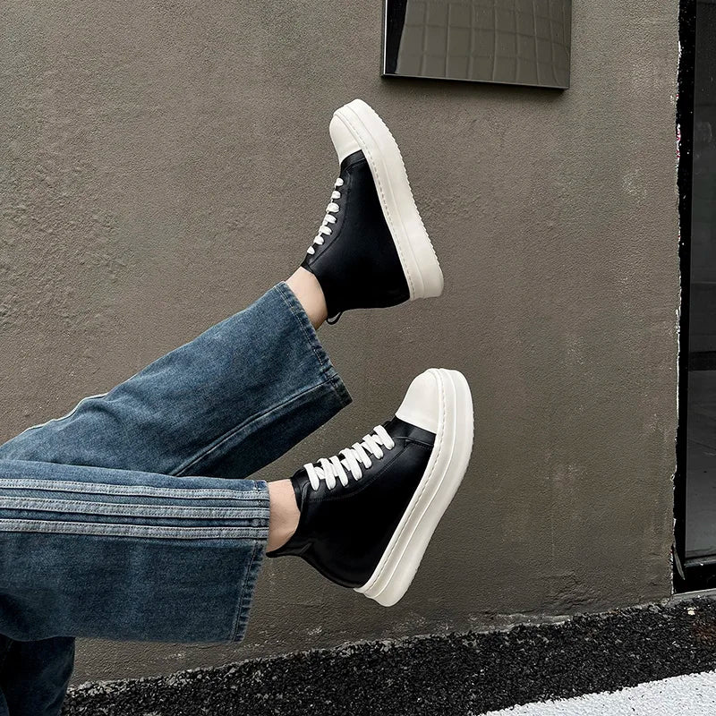 Street Style Ankle Boots for Men Genuine Leather High Top Shoes Fashion Brand Motorcycle Boots Thick Bottom  Male Walking Shoes