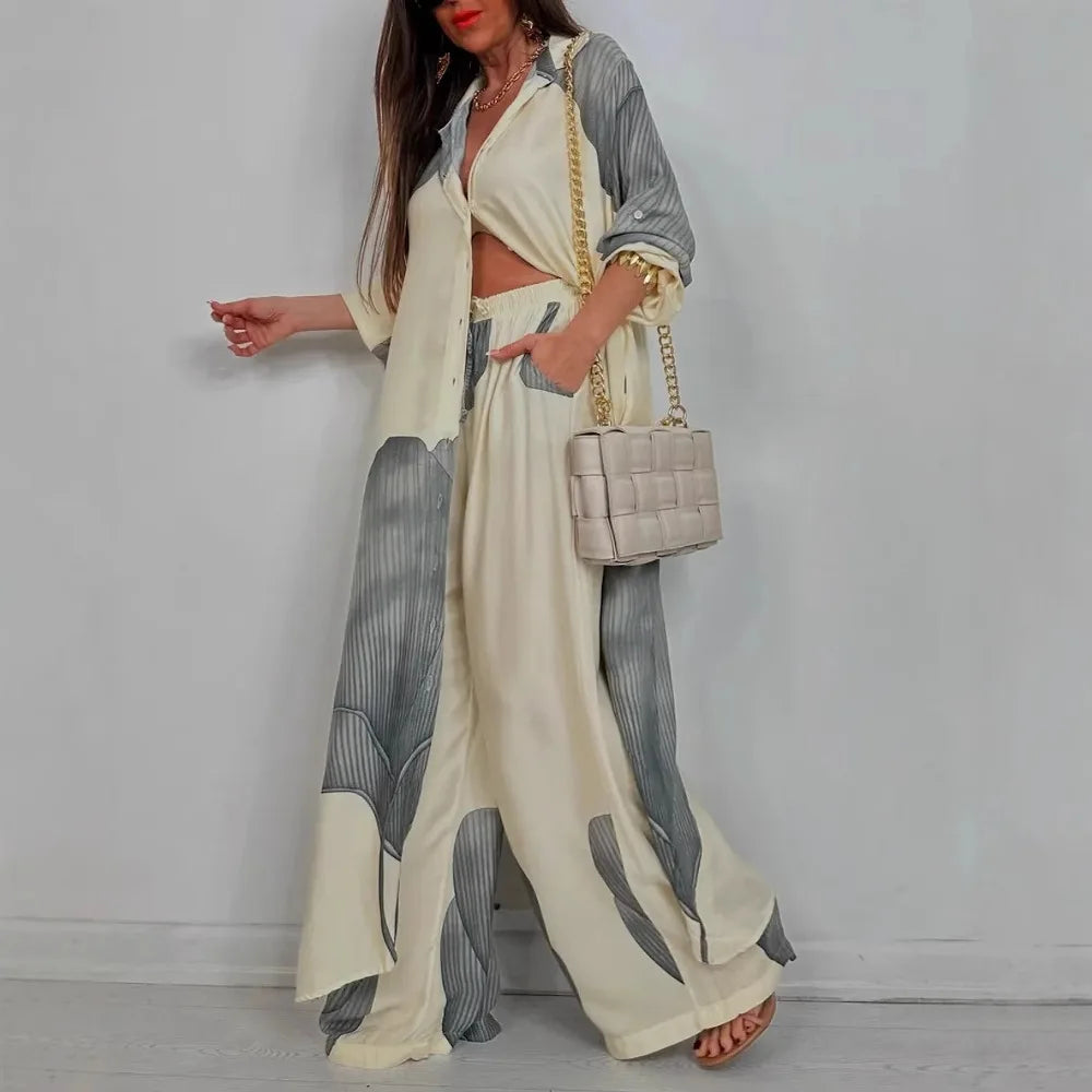 Women Pant Sets Print Long Shirts Two Piece Single Breasted T Shirt Fulls Sleeve Loose Elegant Wide Leg Pants Patchwork