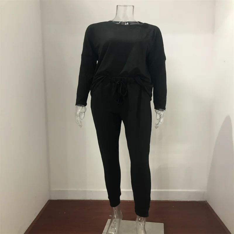 Hot Women's Long Sleeve Round Neck Top and Pants Set Simple Solid Colour Pajama Set Casual O Neck Two Piece Outfit