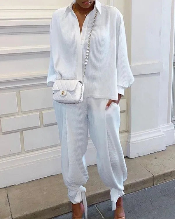 Classic Solid Shirt Pants Set Women Casual Loose Long Sleeved Lapel Elastic Waist Two Piece Suit 2025 New Summer Street Outfit