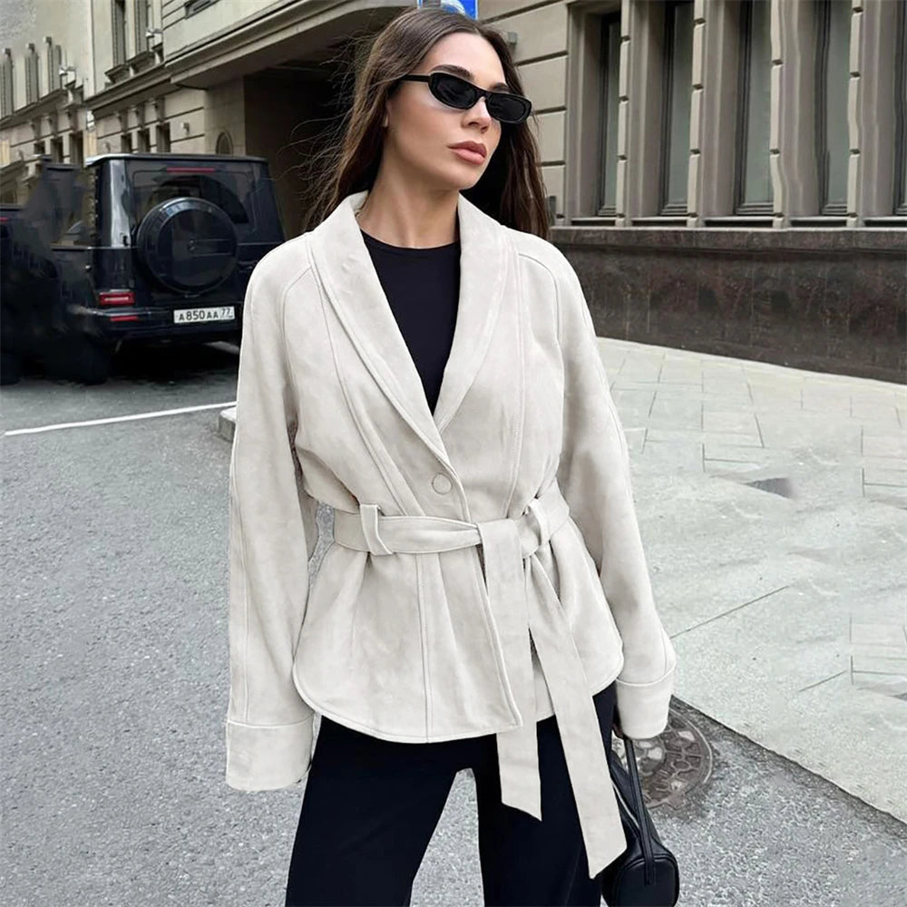 Tornova Retro Suede Long-sleeved Jacket Coat Female V neck Lace Up Jacket 2025 Autumn Winter New Commute Office Lady Outerwear