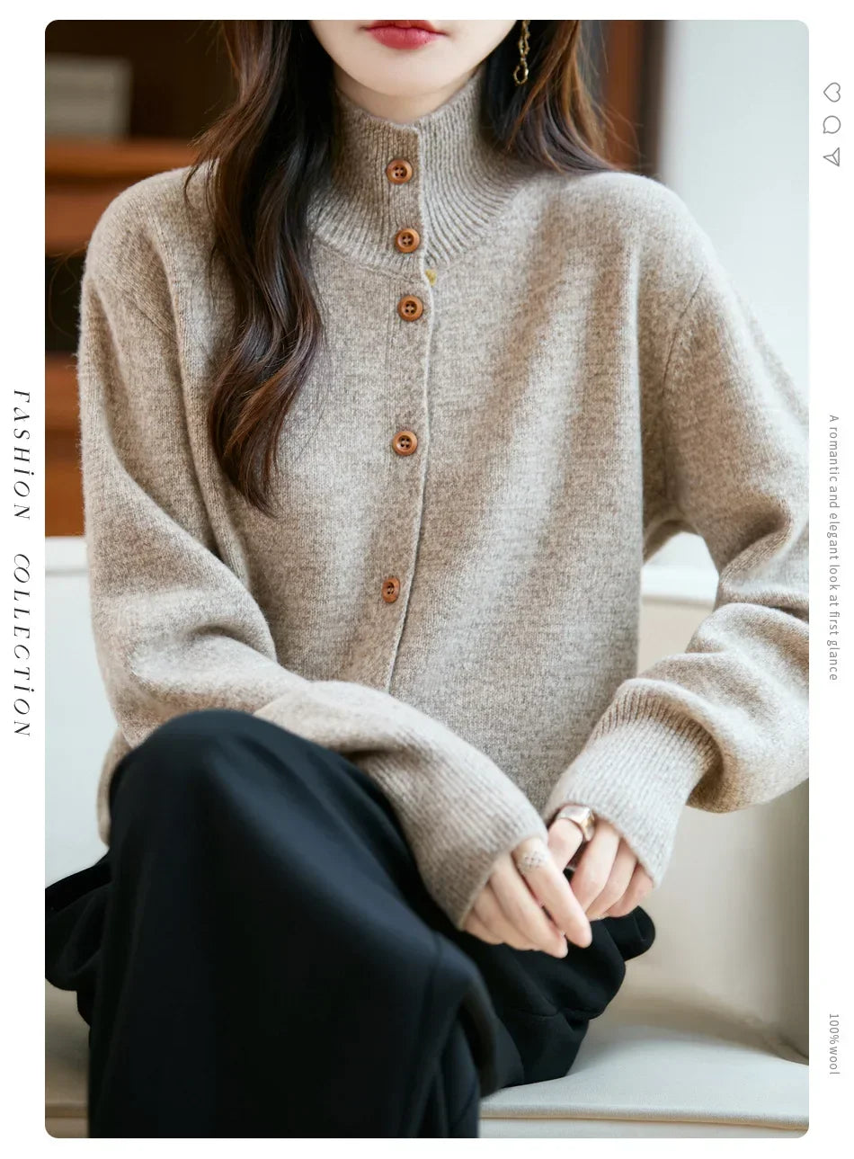 Pure Wool Thickened Knitted High Collar Sweater Coat for Women Winter Season Button up Cardigan Outerwear Floral Pattern