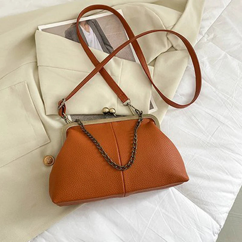 Vintage Soft Skin Shell Bag New Lychee Pattern Handbag Simple And Versatile Shoulder Bag Clip Chain Crossbody Women's Bag