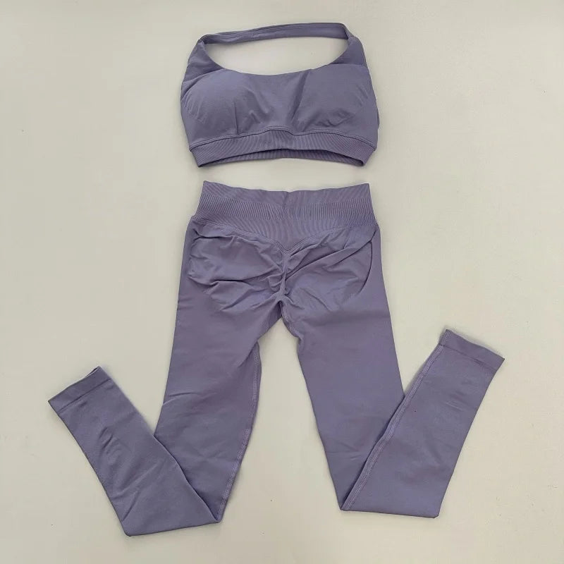 Ladies seamless yoga suit; two-piece fitness leggings; hip-lifting yoga pants set; gym sport suit; backless sports bra with