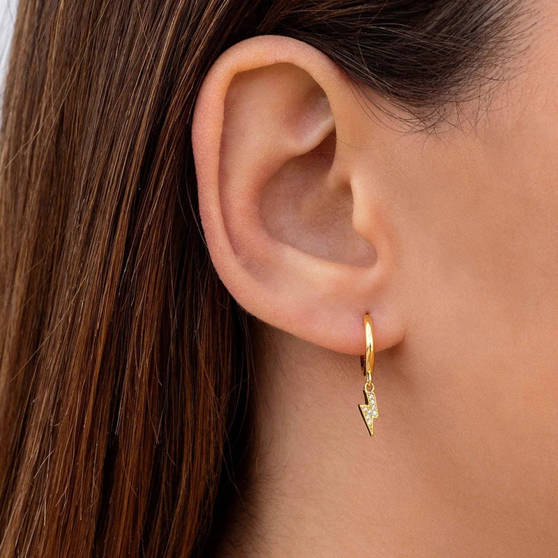 925 Sterling Silver Needle Lightning Pendant Earrings Charming Pave Crystal Gold Hoop Earrings for Women Fashion Jewelry Gifts
