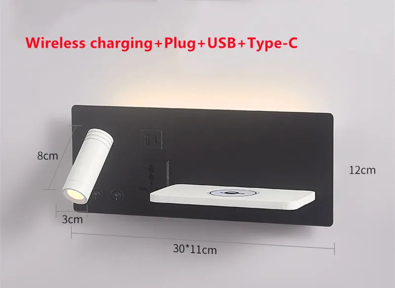 Wireless Charging Wall Lamp Bedroom Bedside USB Wall Light Rotatable Reading Lamp Study Room Switch Modern Multifunctional Hotel