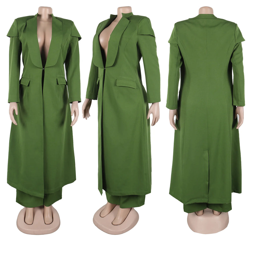 Women's Set Full Sleeve X-Long Blazer Coat+ Long Pant Suit 2025 Spring Streetwear Two 2 Piece Set Africa OL Work Outfits