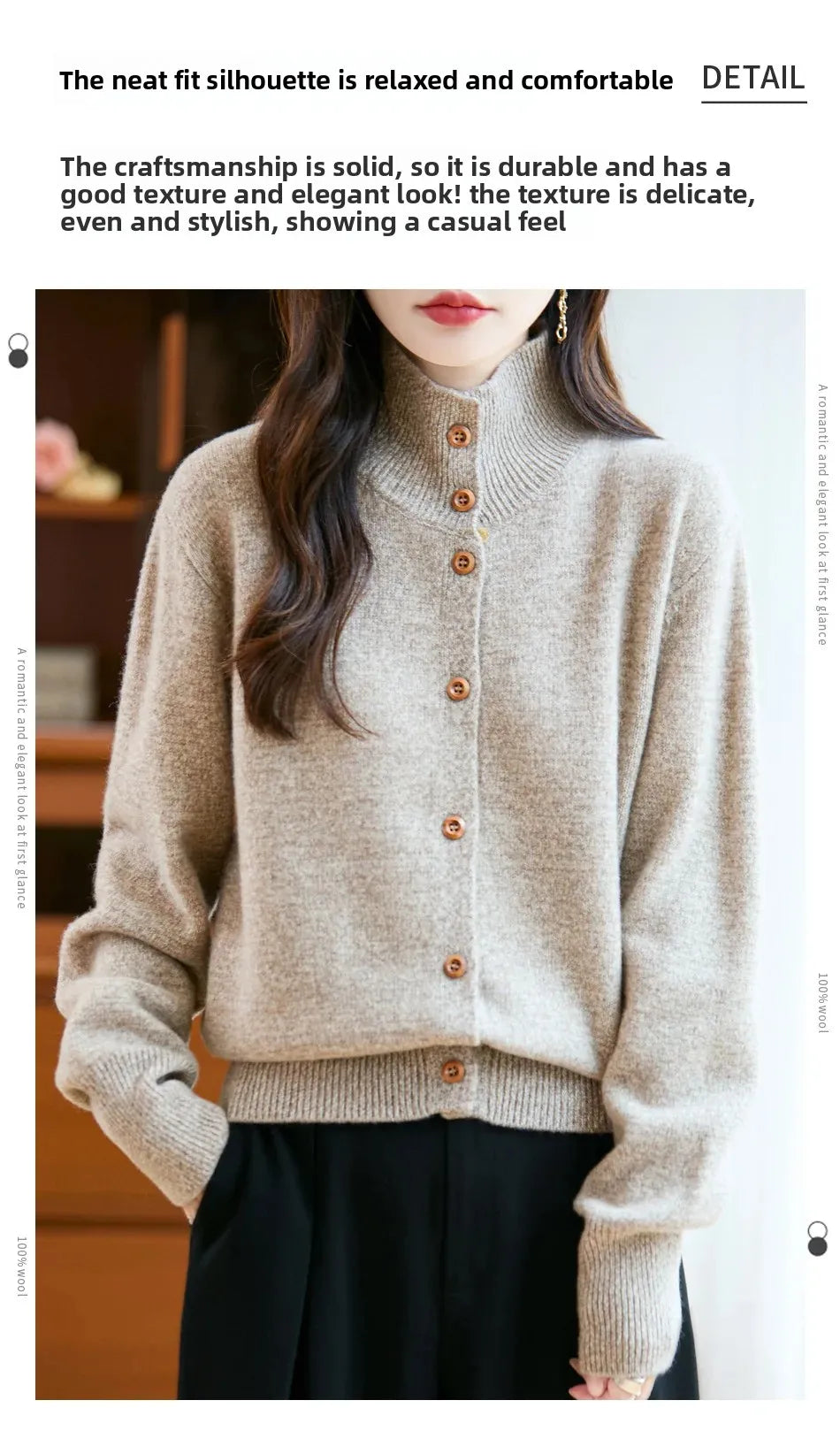 Pure Wool Thickened Knitted High Collar Sweater Coat for Women Winter Season Button up Cardigan Outerwear Floral Pattern