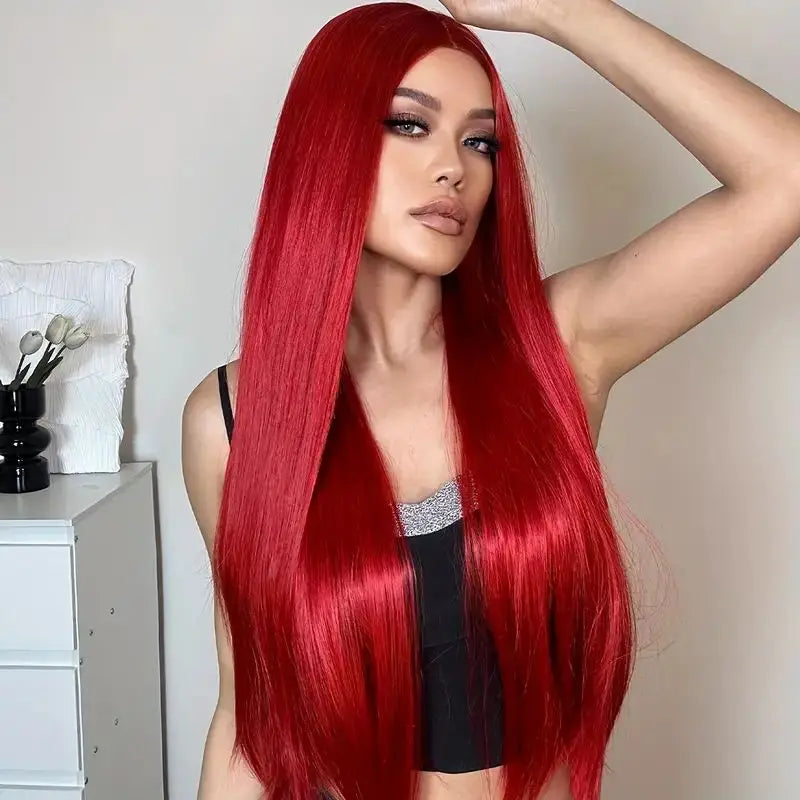 Synthetic Wig For Lady With Long Straight Hair, Parting With Bangs. Natural Synthetic Fabric Matte Finish Full Head Cover.