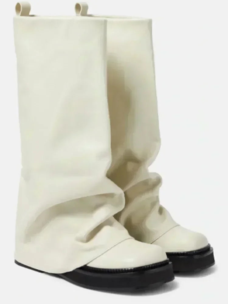 Women's New Autumn and Winter Calf Boots with Pleated Thick High Heels and Fashionable Oversized Street Leather Mid Leg Boots