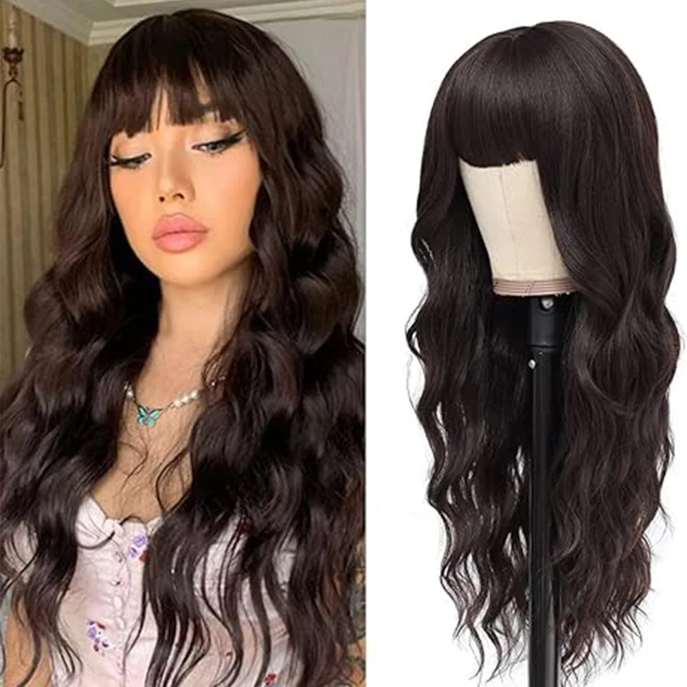 Synthetic Long Blonde Wigs with Bangs for Women Curly Wavy Hair Wigs Heat Resistant Fiber Wigs for Daily Party Use 26 Inches