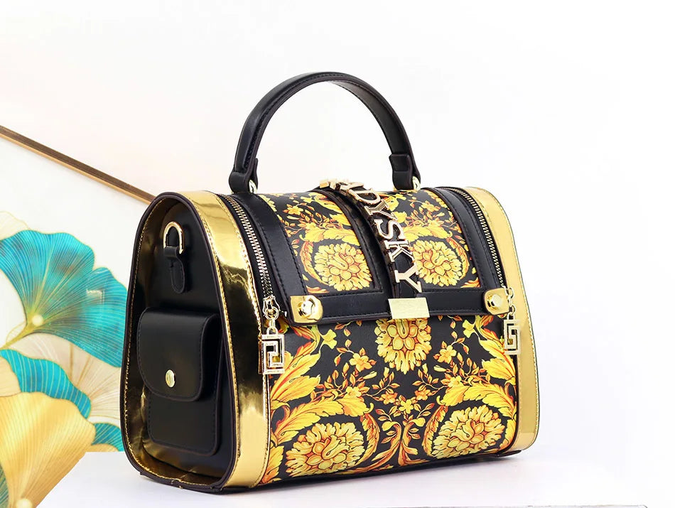 Women Boston Bag Printed Pattern Handbag Large Capacity Shoulder Crossbody Bag Double Zipper Half Cover Style Top Top Handle Bag