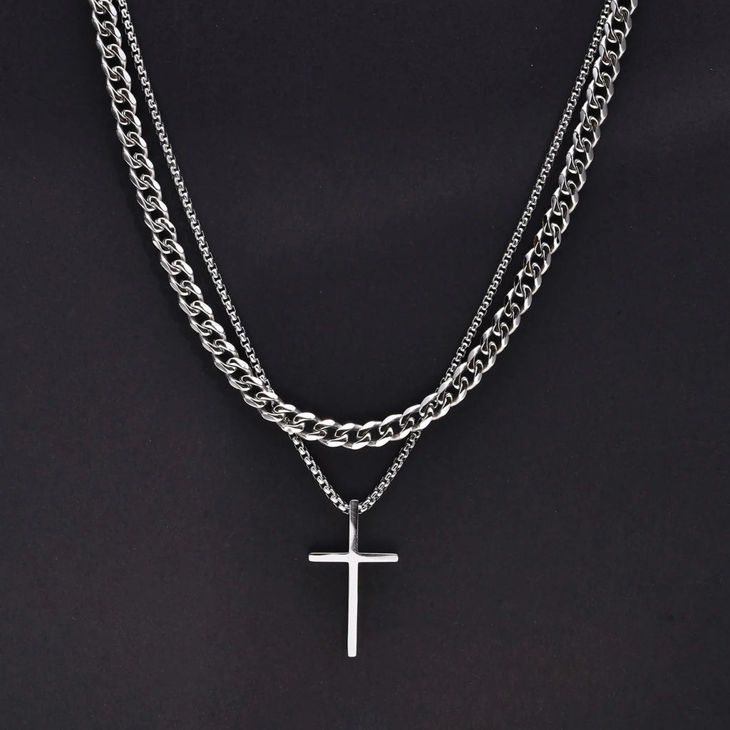 Trendy Cross Necklace for Men Boys,Simple Stainless Steel Cross Pendant Necklaces,Male Jewelry Sets