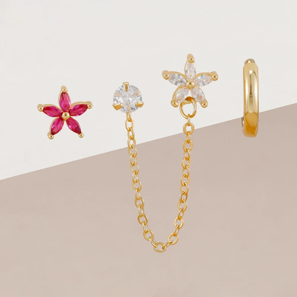 3PCS Stainless Steel Zircon Flower Star Ear Stud Earrings Set 14K Gold Plated Chain Cartilage Piercing Earring Women's Jewelry