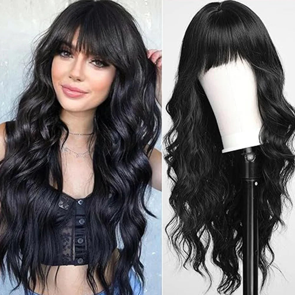 Synthetic Long Blonde Wigs with Bangs for Women Curly Wavy Hair Wigs Heat Resistant Fiber Wigs for Daily Party Use 26 Inches