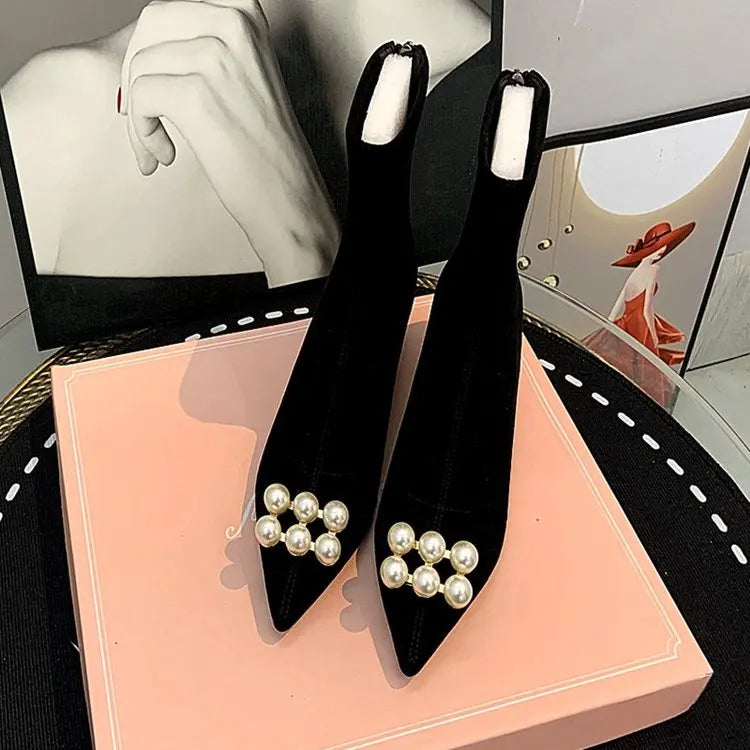 Ankle Boots Women Boots Women Shoes Woman Fashion High-heeled Pointed Flock Boots Spring Autumn Rhinestone Short Boots