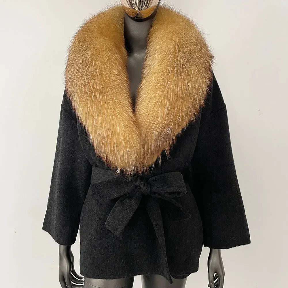OFTBUY Real Raccoon Fox Fur Coat 2024 New Belt Pocket Winter Blends Wool Coat Women Loose Outerwear Fur Jacket Casual Streetwear