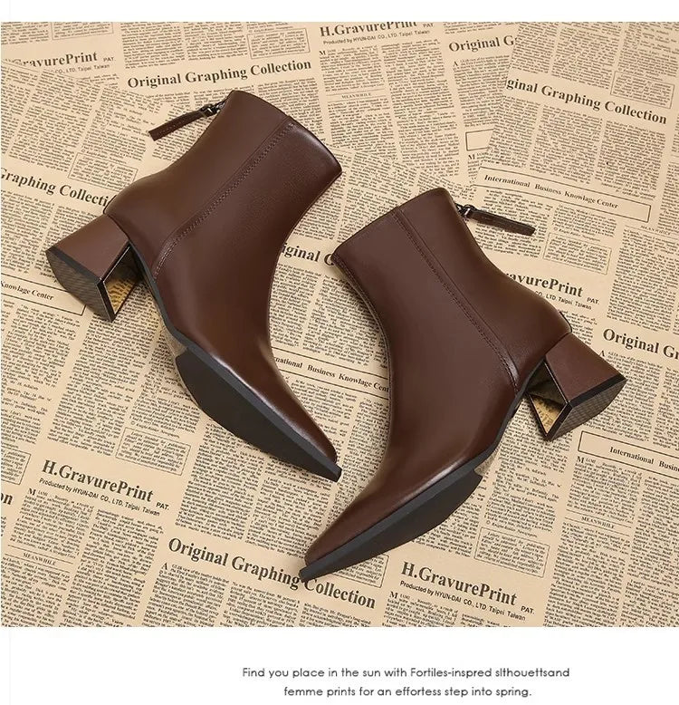 Women Artificial Leather Ankle Boots 2025 Autumn Fashion Square Heel Short Boot Ladies Casual Zipper Low Heel Shoes Botas Mujer