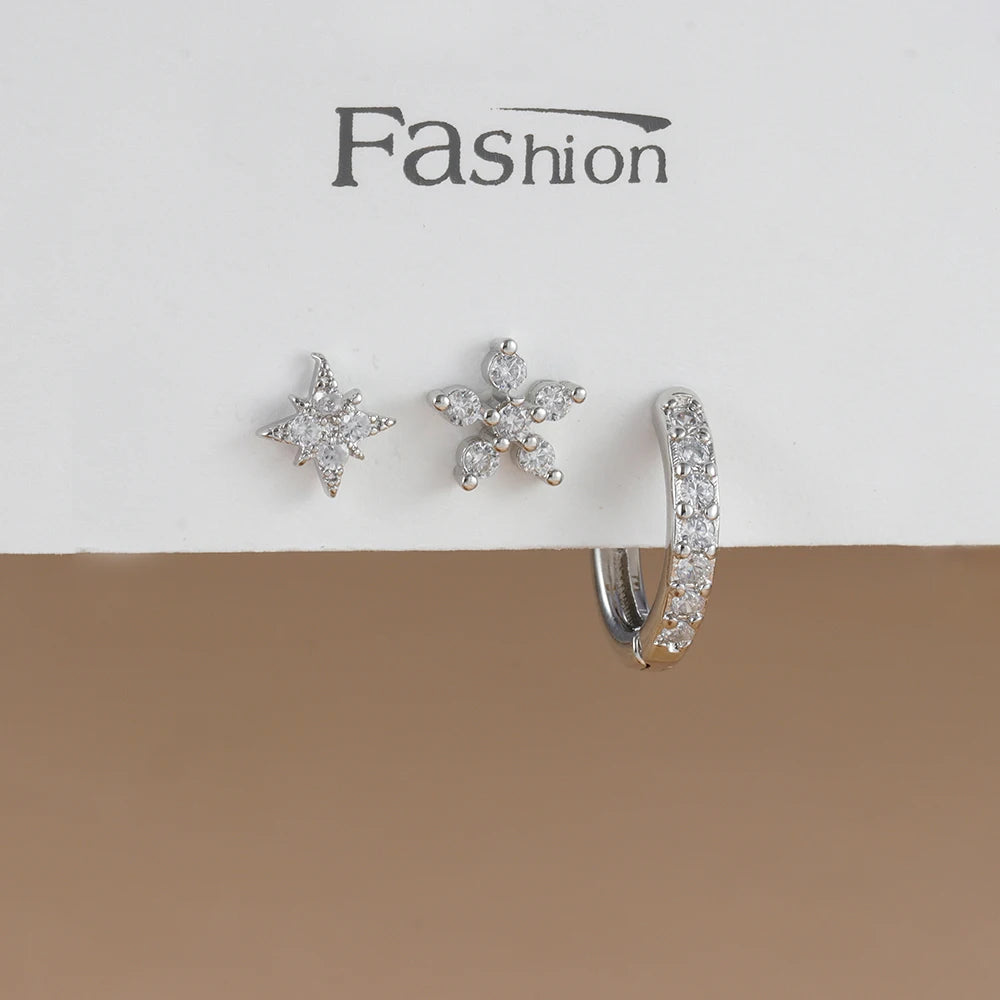3PCS Trendy Double-layer Circle Cubic Zircon Star Hanging Earrings Set For Women Korean Fashion Jewelry pendientes mujer