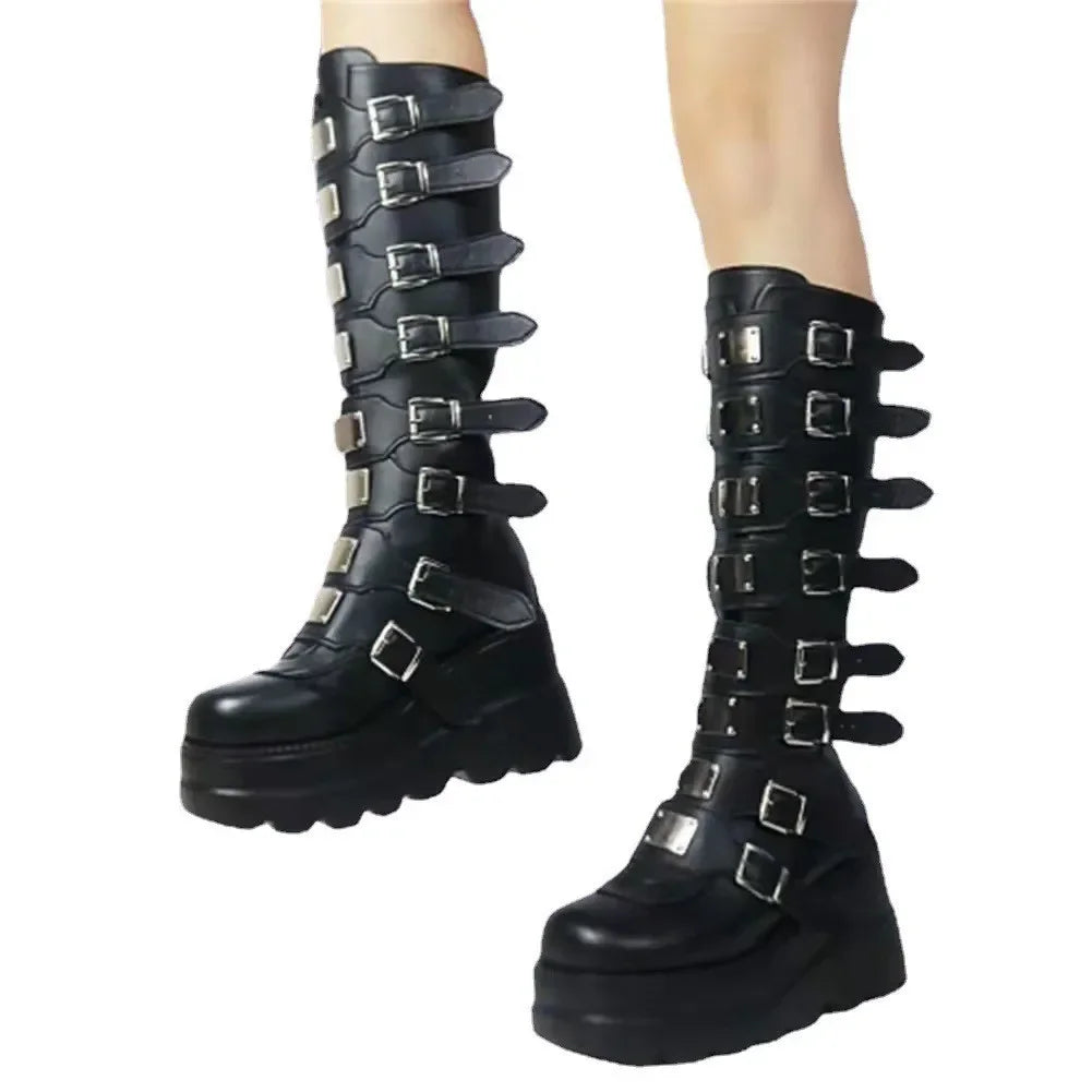 Long Boots for Women Gothic Shoes Platform Knee High Boots Punk Black Sexy Motorcycles Boots New Halloween Cosplay Women's Shoes